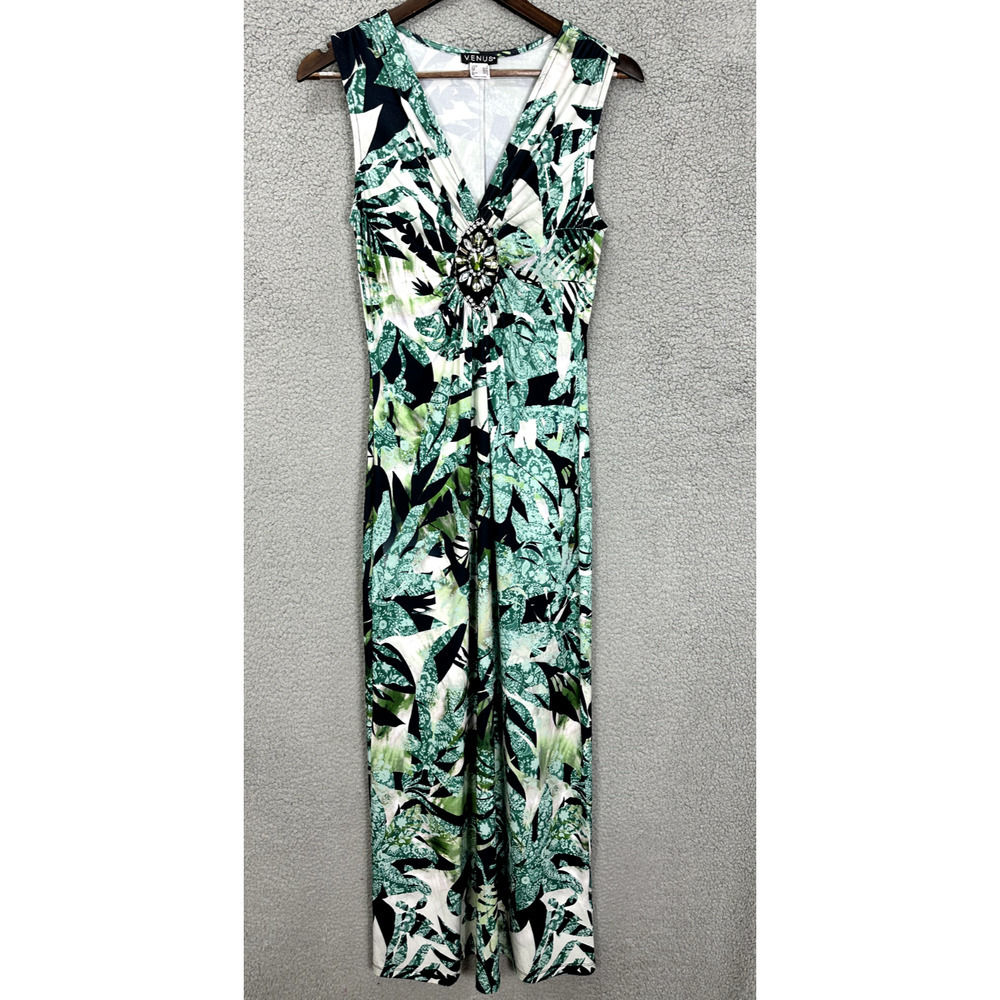 Venus Babydoll Maxi Dress Women Small Green Geometric Sleeveless Beaded Boho Y2K